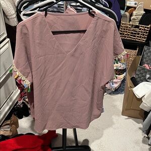 Pink V-Neck Women Top with Tassel Trim short set